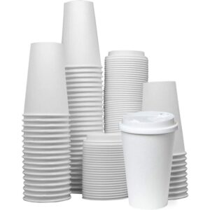 Hot White Paper Coffee Cups (12oz) 12oz (100 Cups and Lids) White