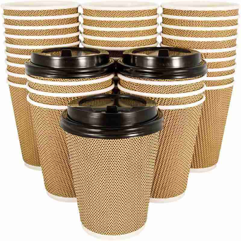 picture of 100 Pack OzBSP Premium Disposable Coffee Cups with Lids 12 oz. Stylish Ripple Wall Design Double Wall Insulated to go Paper Coffee Cups. No Sleeves Needed. 12oz Hot Cups Reusable Cup Travel Coffee Cup